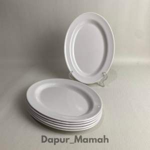 ( 6pcs )Piring Saji Oval Melamin SINGASINGI 25cm / 10inch Tahan Panas Tebal Kuat Estetik Putih Hijau