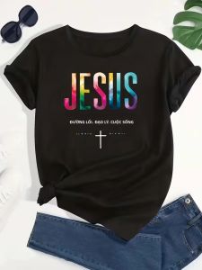 Áo Thun Nữ Tay Ngắn Thường Ngày In Chữ Đầy Màu Sắc Thiết Kế Chữ “Jesus The Way The Truth The Life” Thoải Mái Mọi Mùa Cỡ Junior