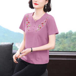 New 2025 Summer Embroidered Cotton Short Sleeve T-Shirt Womens Loose Fit Comfortable Pure Cotton Top for Mom Middle-Aged And Elderly