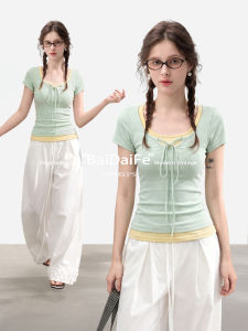 BAIDAIFEI | Slimming Faux Two-Piece U-Neck T-Shirt