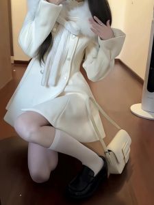 French Style Fancy Classic Style Fashion Elegant Fall and Winter Woolen Tight Waist Dress Fur Collar Stitching Bow Skirt