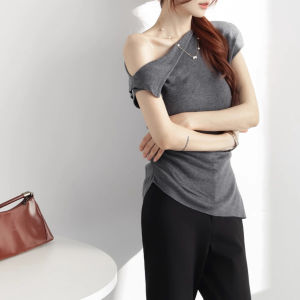 French Style White Swing Collar off-Shoulder Shoulder Knitting Short-Sleeved T-shirt Womens Summer Stylish Shoulder-Baring Slimming Short Top