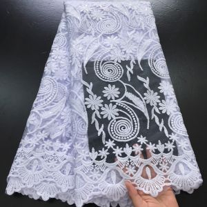 Pure White African Mesh Lace Fabric 5Yards - Luxury Sequined French Tulle For Nigerian Wedding Dresses Womens Evening Gowns