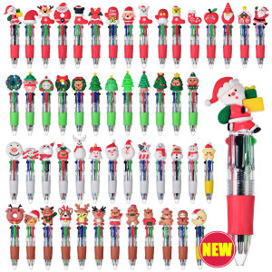 5Pcs Christmas Mini 4-Color Ballpoint Pen Cute Santa & Reindeer Cartoon Design 0.5mm Smooth Ink for Student Stationery Gifts