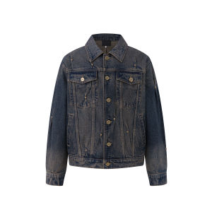 CHINISM | Rivet Pleated Stonewashed Distressed Denim Jacket