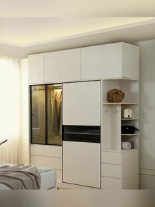 Bedroom Wardrobe Small Unit Modern Simple Wooden Wardrobe Sliding Door with  Storage Cabinet & Side Curboard