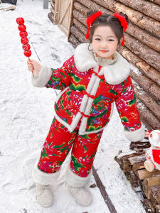 Thickened New Year Clothes Set for Girls Northeast Big Flower Style Childrens Winter Outfit Cotton Coat And Pants Ensemble