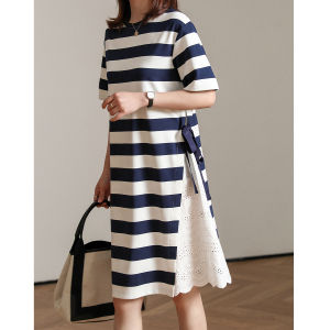 Váy Nữ Mùa Hè 2024 Dáng Rộng Thoải Mái Trang Phục Công Sở Cổ Tròn Tay Ngắn Kẻ Sọc Váy Chữ a Váy Chữ a Dáng Thẳng