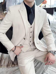 Elegant Slim Fit Casual Wedding Suit for Men in Tan Color Fashionable Notch Lapel Tuxedo with Button Decoration