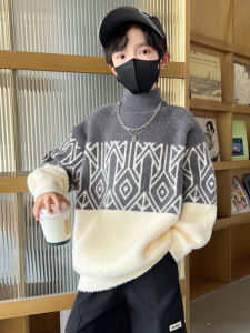 Boys Autumn Winter Knitwear Half High Collar Mink Velvet Long Sleeve Casual Style Childrens Clothing Soft Cotton Blend Fabric