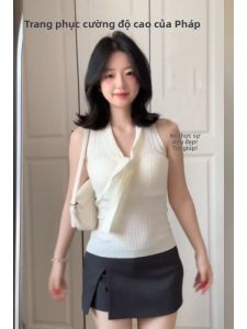 YUEZHONGWEI | Áo len dệt kim hở lưng ngắn ôm vừa vặn màu trắng cổ chữ V cho nữ mùa hè Áo khoác ngoài Áo chui đầu không tay Áo ren hở lưng