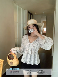 Korean Style White Floral V-Neck Tie-Shirt Loose and Slender