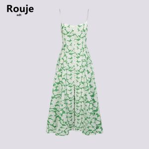 Rouje Adt French Style Floral Print Green Long Dress Fresh Summer Tea Break Strapless V-neck High Waist A-line Skirt Dress