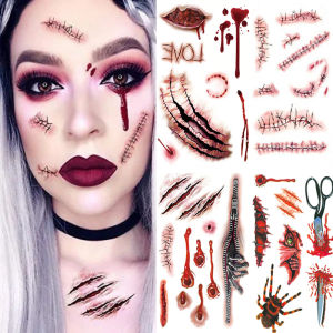 Halloween Tattoo Sticker Realistic Terror Wounds Temporary Waterproof Party Funny Scary Bloody Knife Scar Tattoo Stickers