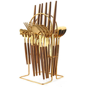 ชุดอุปกรณ์ใช้บนโต๊ะอาหารสแตนเลสสตีลอาหารเย็นสีทองด้ามไม้24ชิ้นพร้อมที่จัดเก็บมีดส้อมช้อนชา Set peralatan Makan ครัว