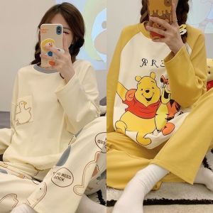Sweet Cartoon Pajamas Womens Spring and Autumn Pure Cotton Long Sleeves plus Size K-style Cute Loungewear Two-piece Set Summer