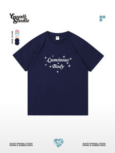 Sweet Print American Retro round Neck Short Sleeve T-Shirt Womens Indigo Blue Casual Top for plus SizeMM Combed Cotton Summer