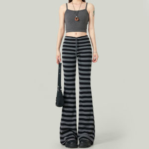 La Chapelle High Waist Drawstring Micro Flared Casual Pants Womens Early Autumn New Style Slim Fit Striped Straight Leg Trousers