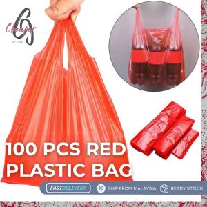 100Pcs Red Plastic Bag With Handle Grocery