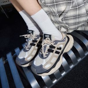 Yexiaoou Thick Bottom Dad Shoes Sports Casual Womens Shoes Heightening Trendy Flat round Toe mid Heel Cross Buckle Splicing