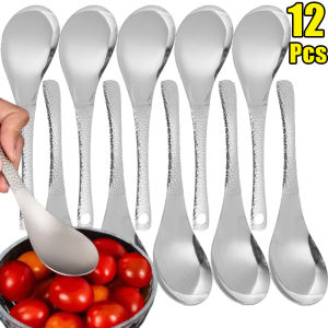 12 ชิ้น ช้อนเกาหลีสแตนเลสหนา / ช้อนกลมขนาดใหญ่ทนทาน / ช้อนขนมหวานสไตล์ย้อนยุคแบบตอก / ช้อนซุปสำหรับใช้ในครัวเรือน อุปกรณ์ครัว