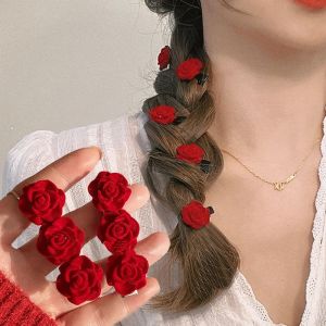 【PrettySet】Korean INS Flocked Red Rose Hairpin Hair Clip for Women Fashion Elegant Braided Side Bangs Sweet Cute Headwear