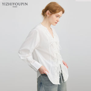Lace Edging Tie-up Long Sleeve Shirt Casual and Versatile