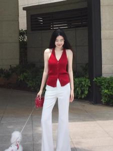 Áo Vest Knit V-Neck Không Tay Màu Đỏ Pháp
