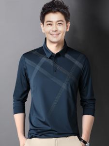 ROMON | Lormen Mens Long Sleeve Polo Shirt Spring Autumn New Style Middle-aged Dad Businesswear With Collar Stripes Long Sleeve T-shirt