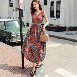 ELF TRIBE Cotton Silk Dress for Women Large Hem Sleeveless Vintage Print Beach Dresses