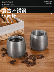 Retro 304 Stainless Steel Double Layered Insulated Water Cup Childproof Heat Resistant Beer Cup for Barbecue Shops Korean Style