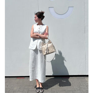 White Linen Vest Suit Womens Summer Retro Texture Cotton Linen Sleeveless Suit Top and Skirt Two-piece Set