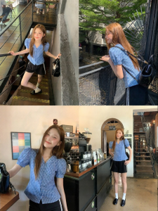 NIHAOKANONG | Áo Blouse Mùa Hè Tay Bồng Cổ V Họa Tiết Carô Xanh Cho Nữ
