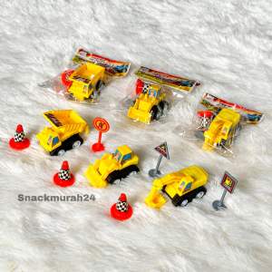 Mainan Mobil Konstruksi Set dengan Cone dan Rambu PullBack Bisa Gerak Bisa Untuk Topper / Hiasan Kue