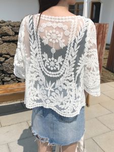 เสื้อคลุมกันแดดชายหาด เสื้อคาร์ดิแกนคอวีแขนสั้นทรงหลวม ผ้าโปร่ง ลายลูกไม้ ทรงหลวม สำหรับผู้หญิง ชุดไปงานปาร์ตี้ฤดูร้อน