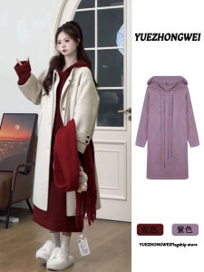 ชุดเดรสถักมีฮู้ดสีแดง ชุดเดรสยาวคลุมเข่าสำหรับผู้หญิง ฤดูใบไม้ร่วง/ฤดูหนาว ทรงหลวม ชุดชั้นใน ชุดเดรสยาว ชุดเดรสสเวตเตอร์