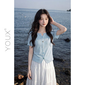 YOUXIANG | Áo Thun Seersucker V Neck Ôm Sát