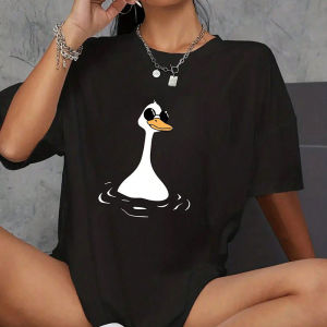 Sanrio | Womens Casual Short Sleeve Crew Neck T-Shirt Cute Duck with Fashion Glasses Graphic Print Comfort Playful Design Summer Tshirt