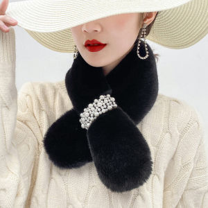 Fashion Pearl Plush Scarf Women Thickened Warm Faux Fur Cross Scarves Autumn and Winter Girls Soft Neck Ring Scarf Korean Trendy