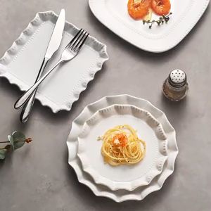 YUNG888 Ceramic Nordic Pure White Lace Square Pastry Plate