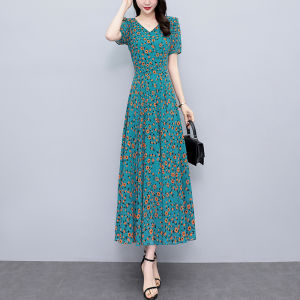 Impression Fashion Women Elegant Chiffon Slim Floral Print V-neck Short Sleeve Tunic A-line Big Pleated Swing Plus Size Long Dress