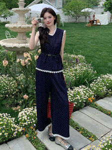 YINLUOYA | Summer Outfit 2025 New Style Light Maturity Wind Sleeveless Lace Trim Wide Leg Pants Two-Piece Set Round Neck Buttoning Closure