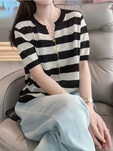 French Style Elegant Striped Color Blocked Round Neck Thin Knit Cardigan