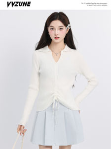 Elegant Long Sleeve Knitted Sweater Womens Drawstring Collar Base Layer Top Slimming White Versatile Commute Style Autumn