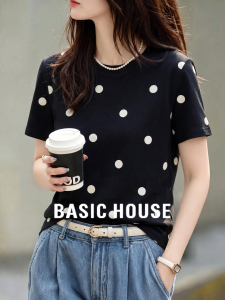 Basic House | Black Dotted Cotton Youthful Shoulder Straight Womens T-shirt