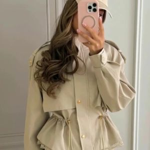 Solid Lace Splice Fashion Windproof Jacket Autumn Drawstring Slim Stand Neck Outwear Versatile Retro Office Ladies Women Coats