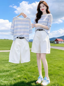 Shalldoer | Stripe Color Blocking Slim Fit T-shirt and Wide Leg Pants Set for Summer