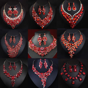 Crystal Choker Jewelry Suit Womens Fashion Exaggerated Ruby Pendant Earrings Clavicle Chain Bride Formal Dress Accessories