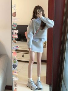 Bộ ba mảnh CHANGTONG áo nỉ sơ mi váy ngắn cotton thoải mái thường ngày