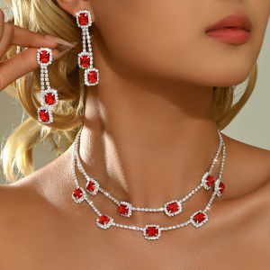 Exquisite and Sparkling Double-Layer Sugar Necklace Earrings Two-Piece Set for Banquets Weddings Brides Versatile Jewelry Set